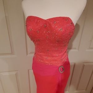Beaded bodice pink and coral gown
